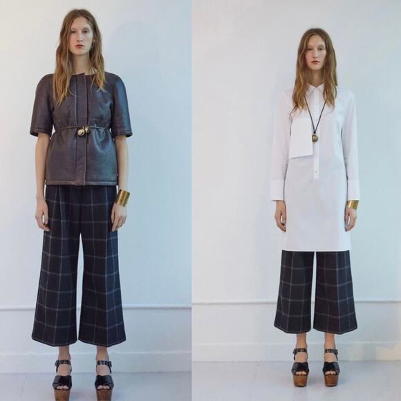 Partow Windowpane Plaid Wide Leg Cropped Wool Dress Pants Trousers Designer 10 - Picture 1 of 12